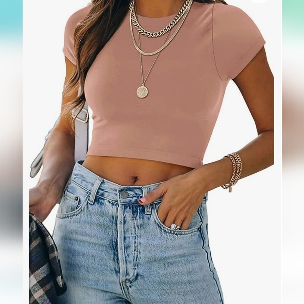 Cute Short Sleeve High Neck Double Lined Tight T Shirts Crop Tops Sz 2xl